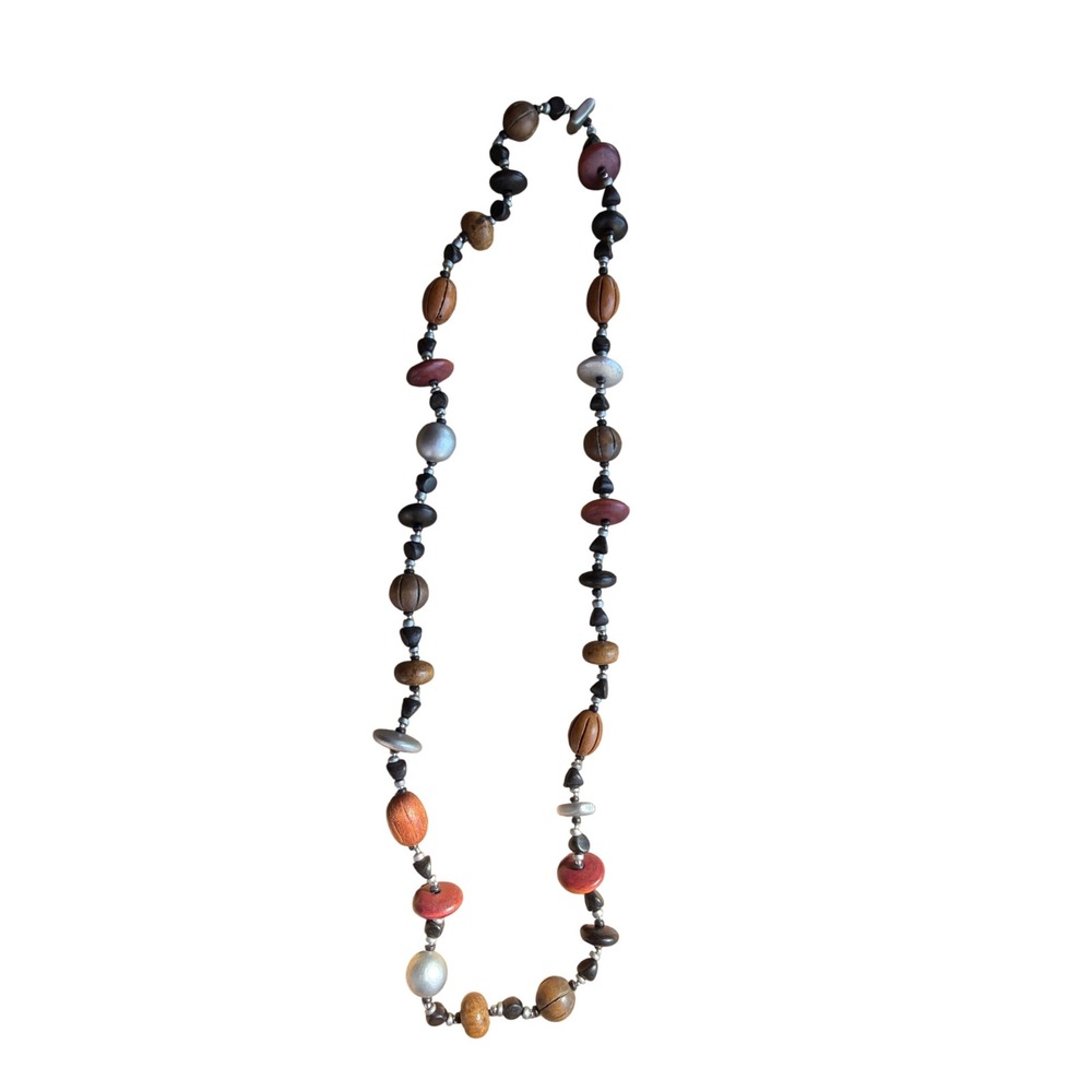 Boho Mixed Wood  Silver Tone Beaded Long Strand Necklace Earthy Neutral Layering
